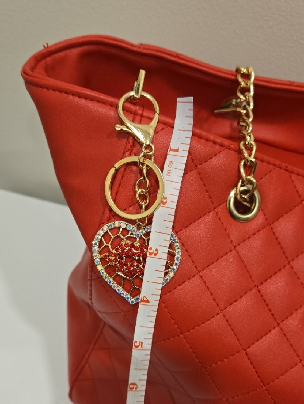 Badgley Miscka Red Quilted Tote Bag with Gold Chain Handles And Heart Key Chain - Picture 5 of 16
